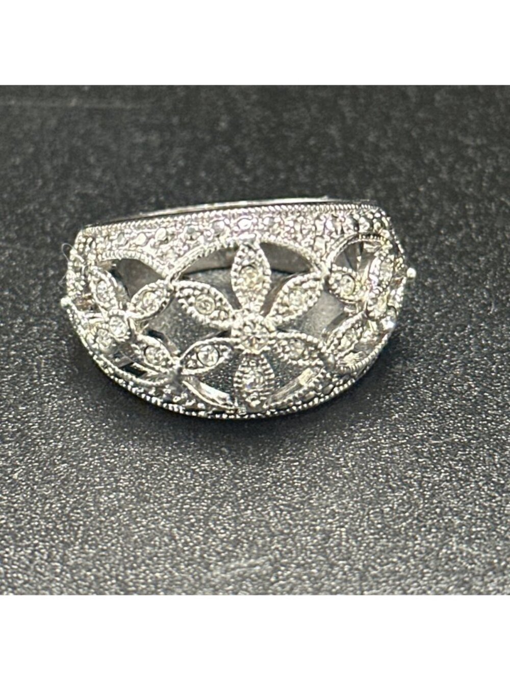 Floral-Inspired Silver-Tone Crystal Ring Size 8+ - Picture 3 of 3